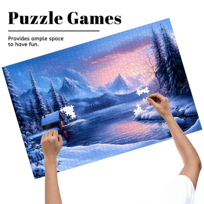 Winter Cabin Wooden Jigsaw Puzzle: Cozy Mountain Lake Sunset Scene