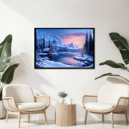 Winter Cabin Wooden Jigsaw Puzzle: Cozy Mountain Lake Sunset Scene