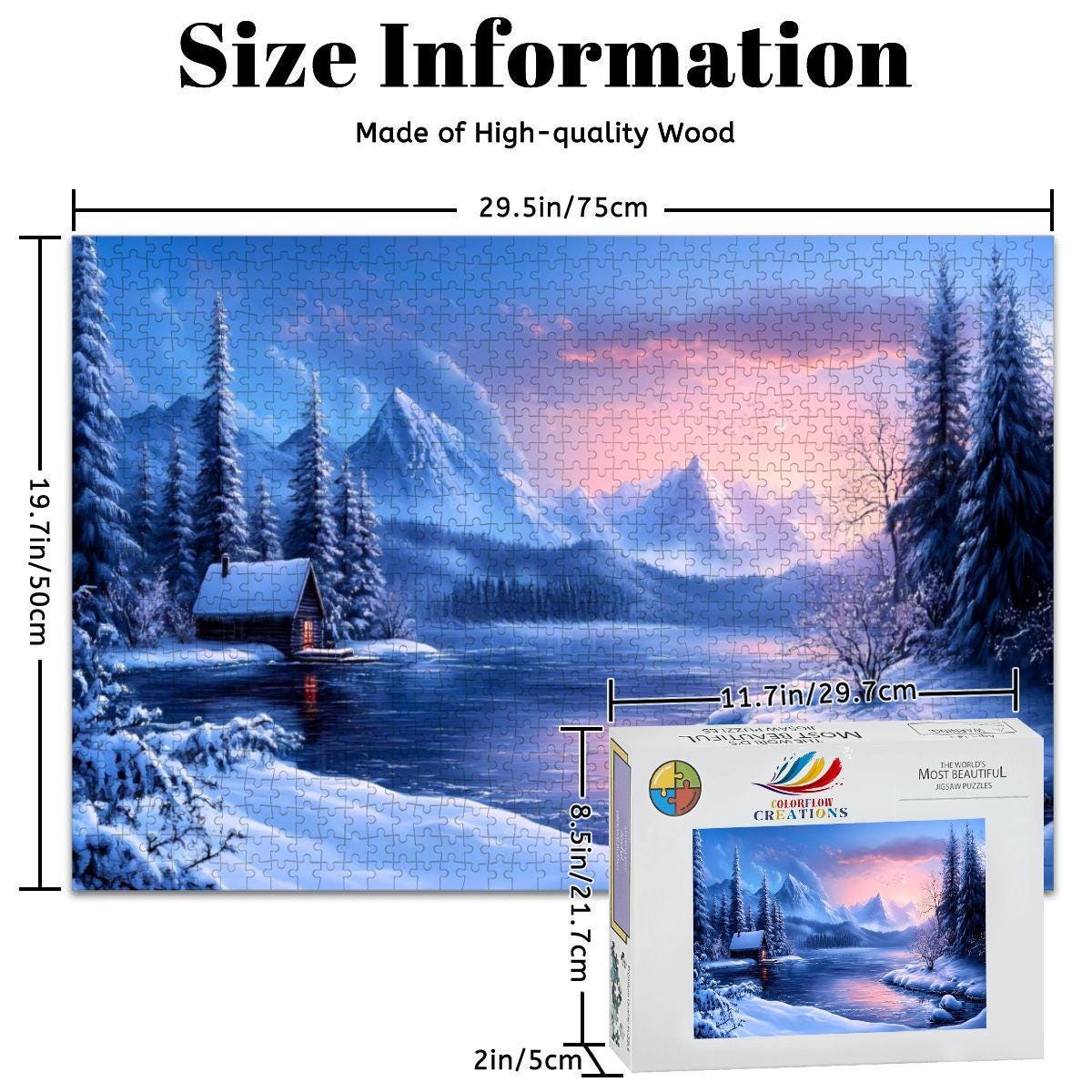 Winter Cabin Wooden Jigsaw Puzzle: Cozy Mountain Lake Sunset Scene