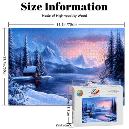 Winter Cabin Wooden Jigsaw Puzzle: Cozy Mountain Lake Sunset Scene