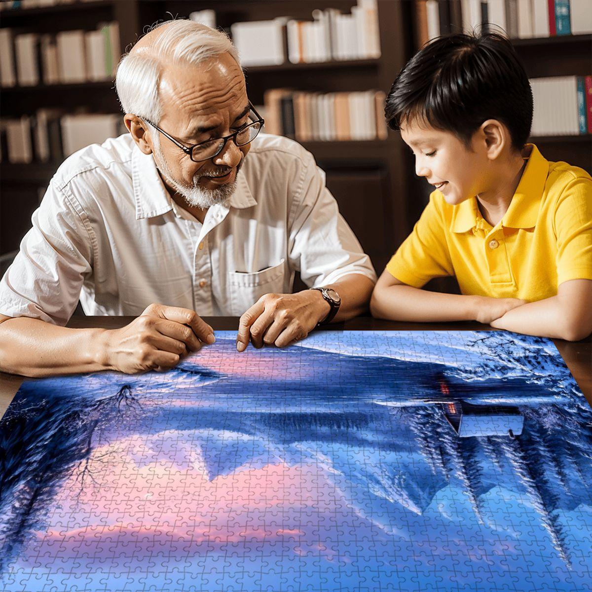 Winter Cabin Wooden Jigsaw Puzzle: Cozy Mountain Lake Sunset Scene