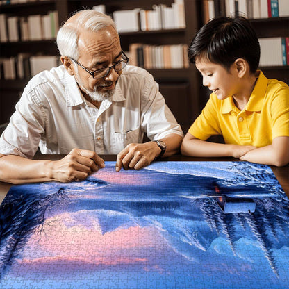 Winter Cabin Wooden Jigsaw Puzzle: Cozy Mountain Lake Sunset Scene