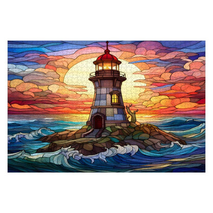 Lighthouse Stained Glass Puzzle: Sunset Ocean Coastal Art,  Wooden Jigsaw