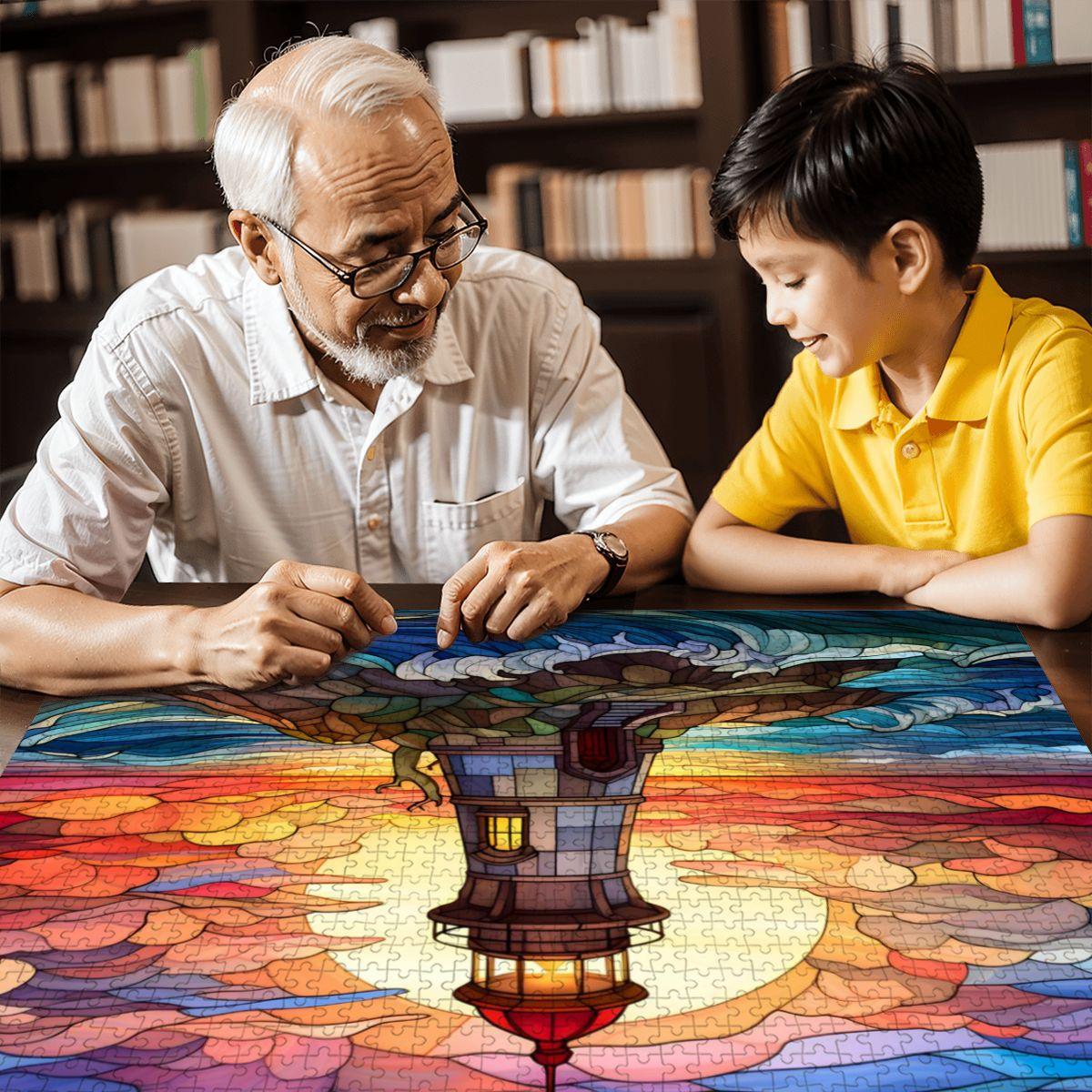 Lighthouse Stained Glass Puzzle: Sunset Ocean Coastal Art,  Wooden Jigsaw