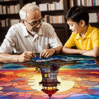 Lighthouse Stained Glass Puzzle: Sunset Ocean Coastal Art,  Wooden Jigsaw