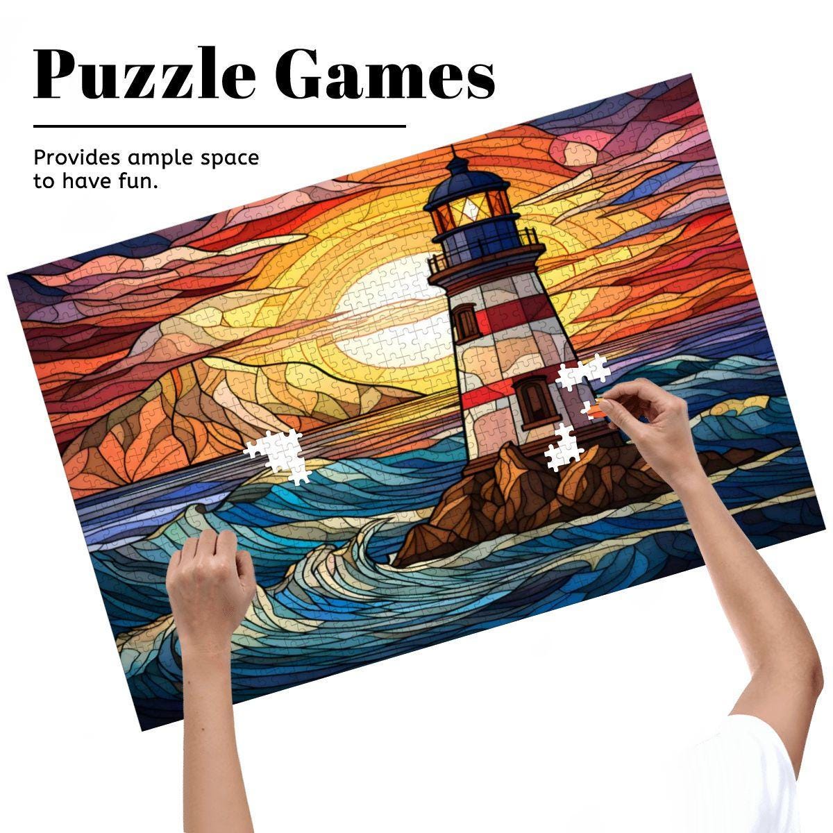 Stained Glass Lighthouse Puzzle: Coastal Sunset Design -