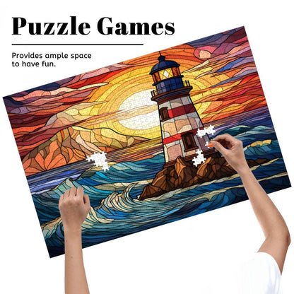 Stained Glass Lighthouse Puzzle: Coastal Sunset Design -