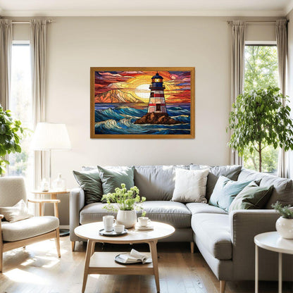 Stained Glass Lighthouse Puzzle: Coastal Sunset Design -