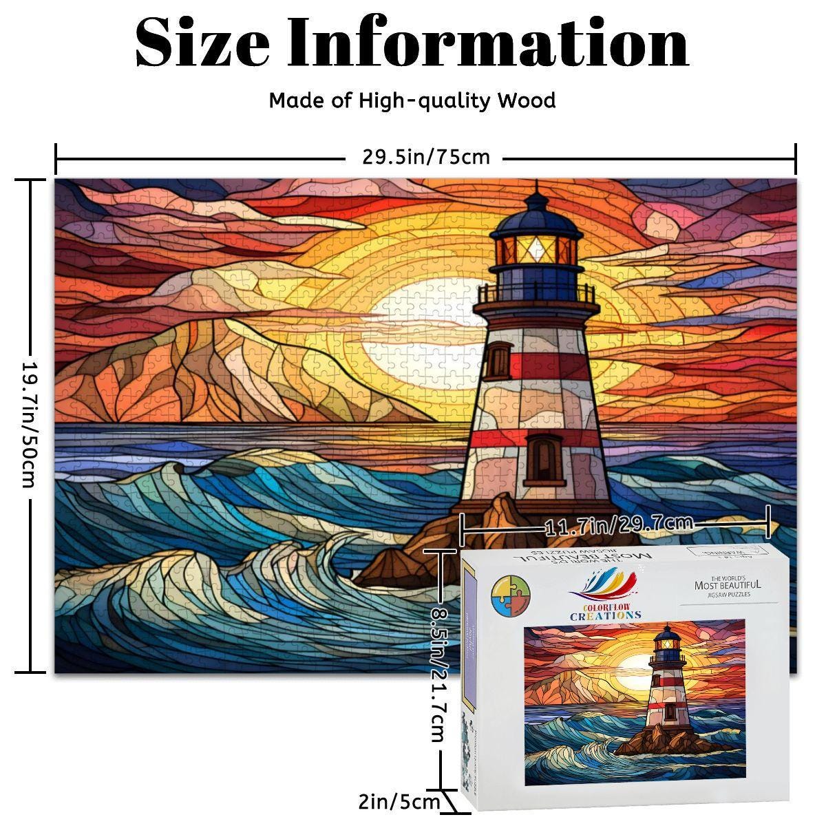 Stained Glass Lighthouse Puzzle: Coastal Sunset Design -