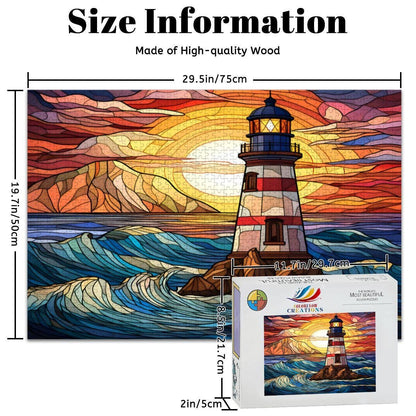 Stained Glass Lighthouse Puzzle: Coastal Sunset Design -
