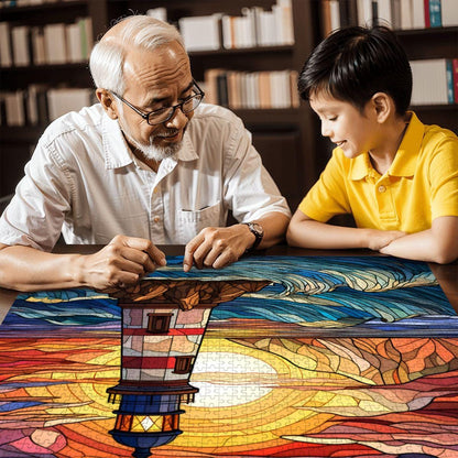 Stained Glass Lighthouse Puzzle: Coastal Sunset Design -