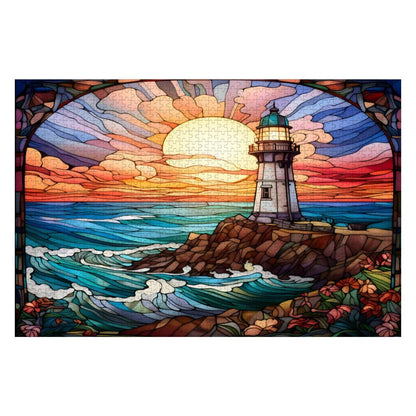 Stained Glass Lighthouse Puzzle: Ocean Sunset Scene,