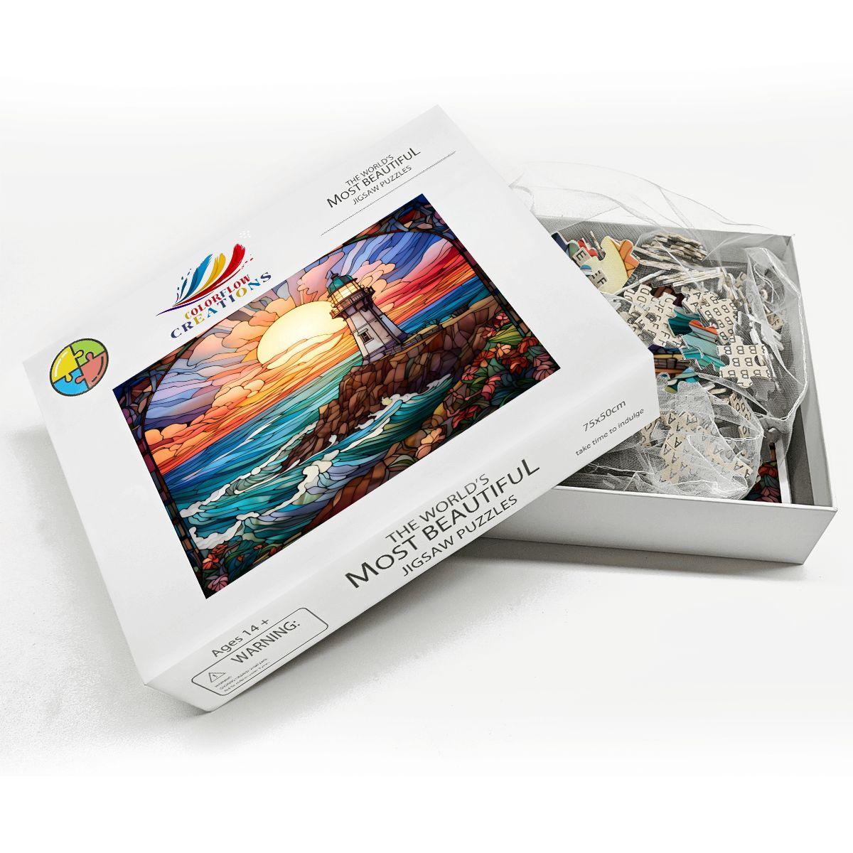 Stained Glass Lighthouse Puzzle: Ocean Sunset Scene,