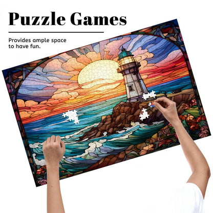 Stained Glass Lighthouse Puzzle: Ocean Sunset Scene,