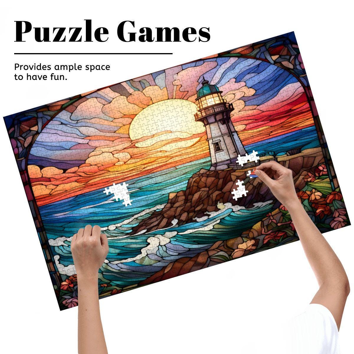 Stained Glass Lighthouse Puzzle: Ocean Sunset Scene,