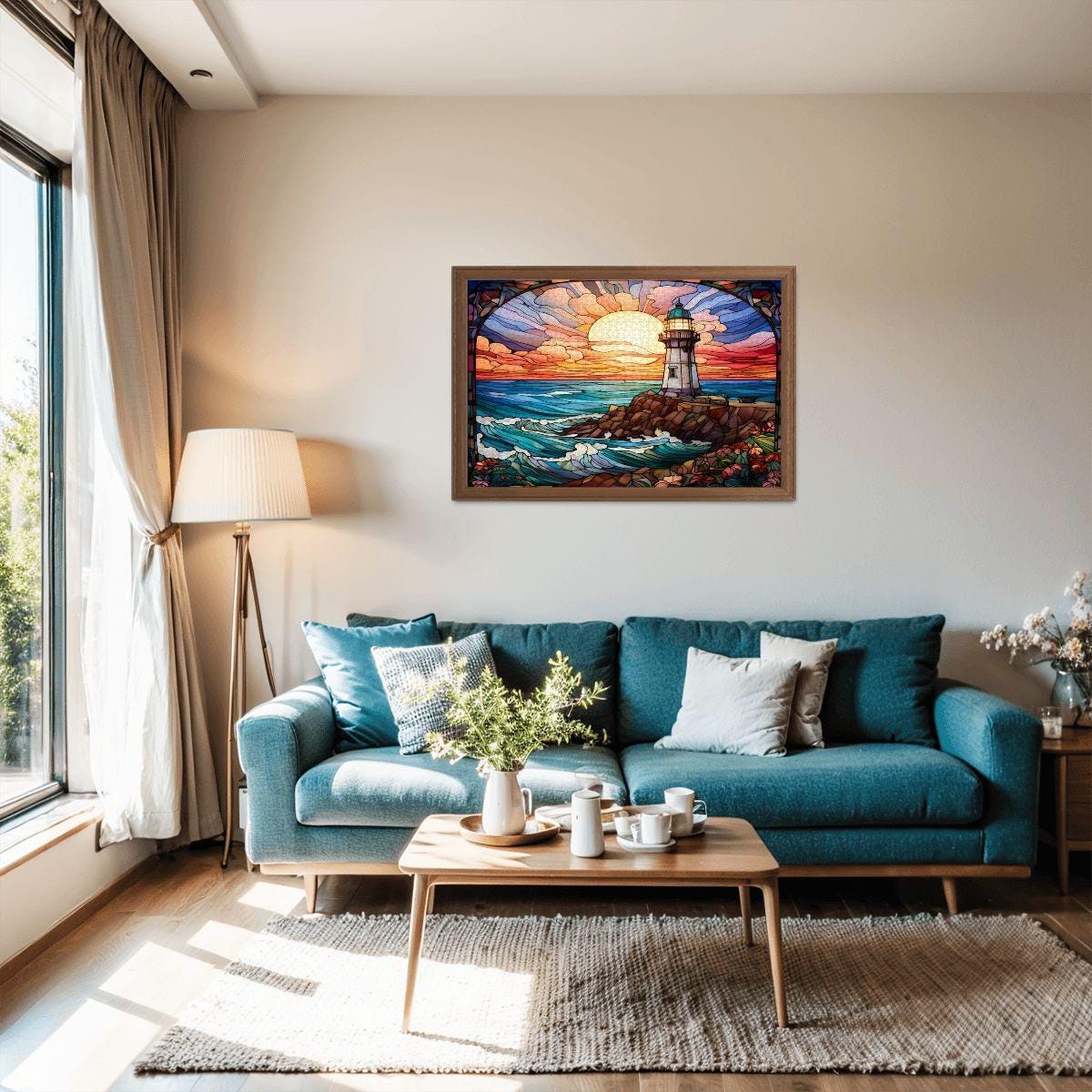 Stained Glass Lighthouse Puzzle: Ocean Sunset Scene,