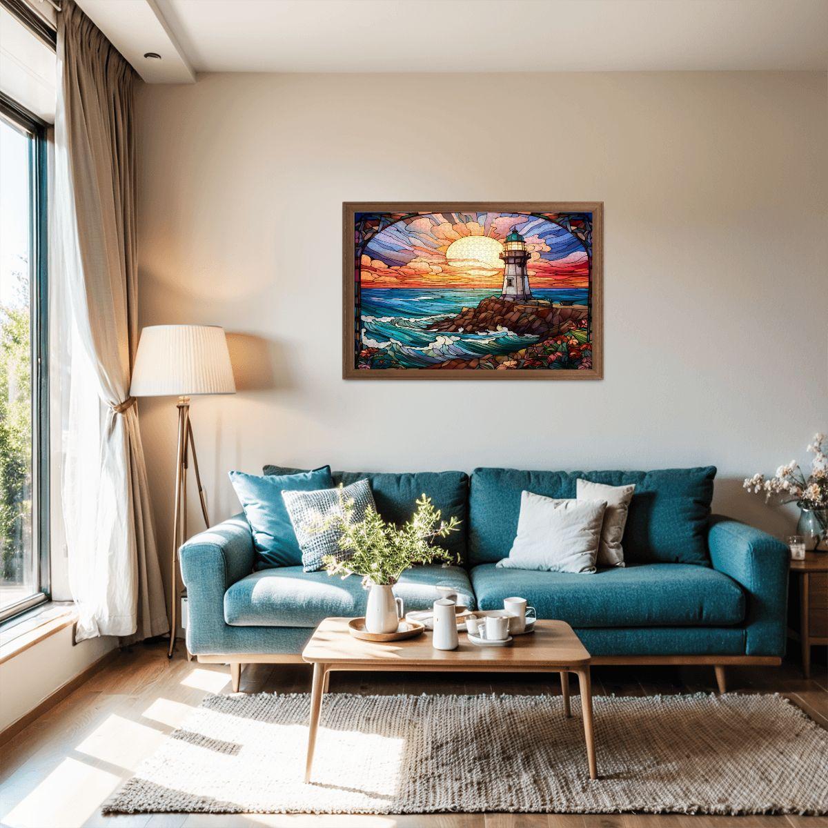 Stained Glass Lighthouse Puzzle: Ocean Sunset Scene,