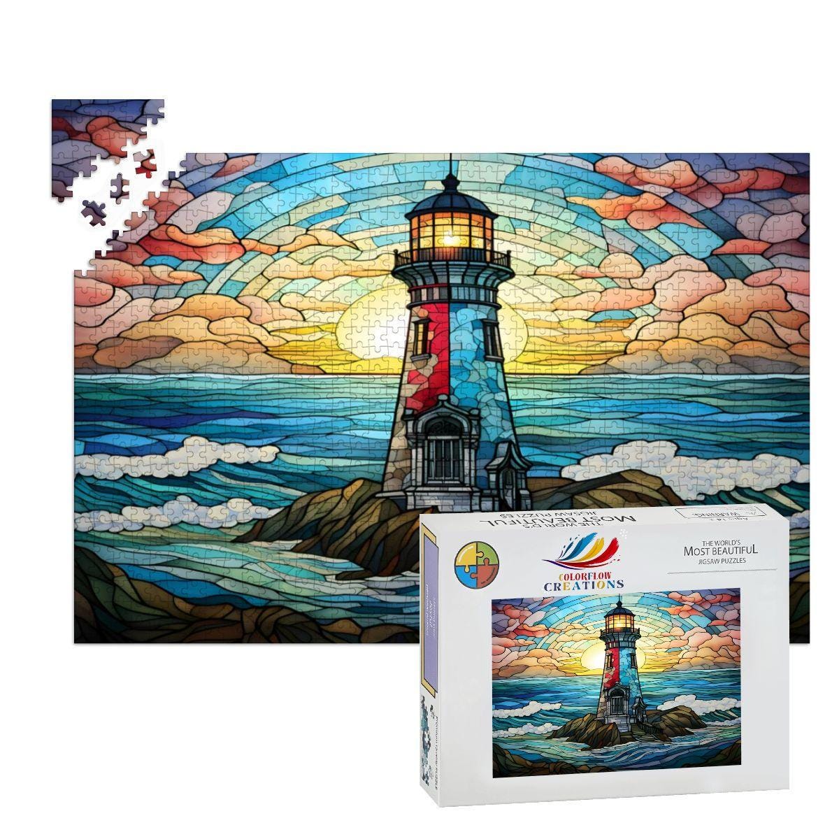 Stained Glass Lighthouse Puzzle: Coastal Sunset Wooden Jigsaw ( Option Available