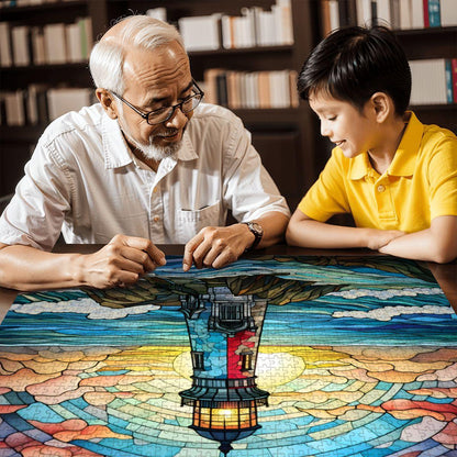 Stained Glass Lighthouse Puzzle: Coastal Sunset Wooden Jigsaw ( Option Available