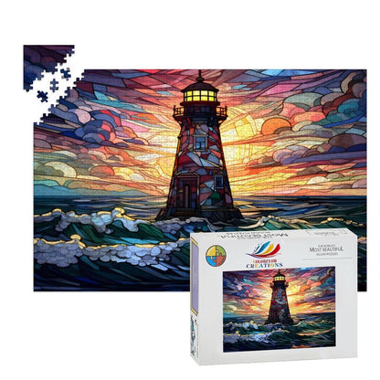 Stained Glass Lighthouse Puzzle: Multicolor Sunset Ocean Art,