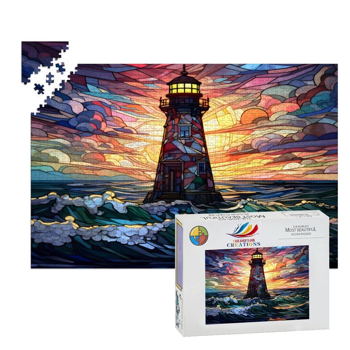 Stained Glass Lighthouse Puzzle: Multicolor Sunset Ocean Art,