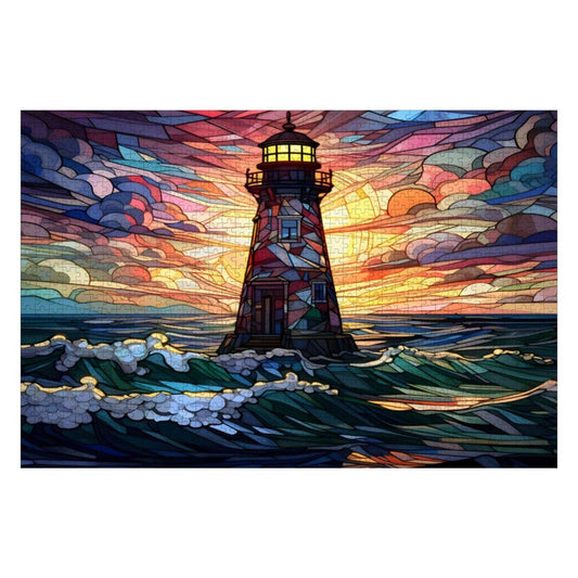 Stained Glass Lighthouse Puzzle: Multicolor Sunset Ocean Art,