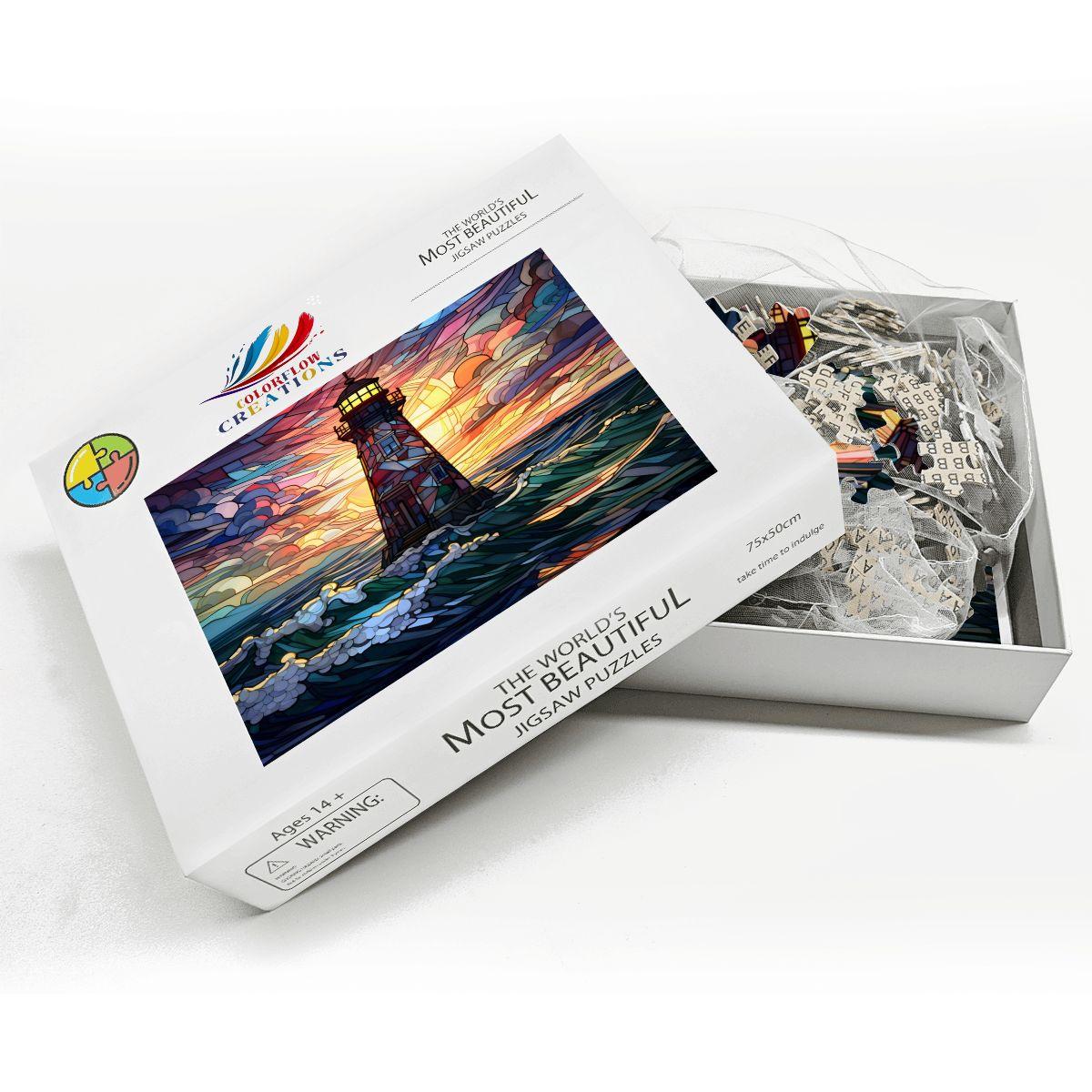 Stained Glass Lighthouse Puzzle: Multicolor Sunset Ocean Art,