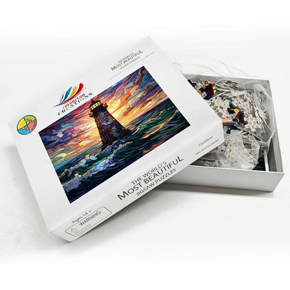 Stained Glass Lighthouse Puzzle: Multicolor Sunset Ocean Art,