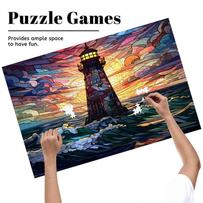Stained Glass Lighthouse Puzzle: Multicolor Sunset Ocean Art,