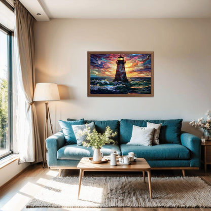 Stained Glass Lighthouse Puzzle: Multicolor Sunset Ocean Art,