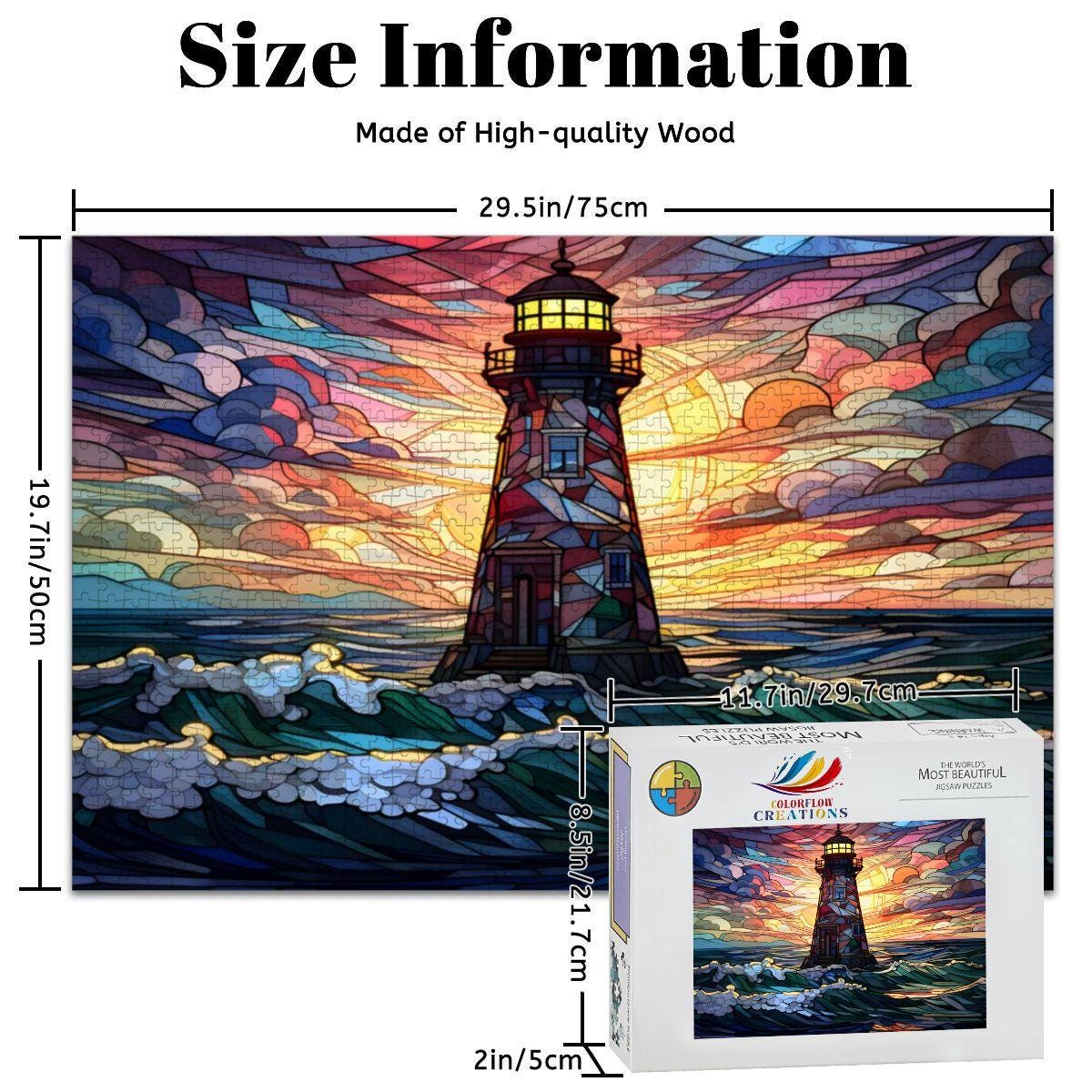 Stained Glass Lighthouse Puzzle: Multicolor Sunset Ocean Art,