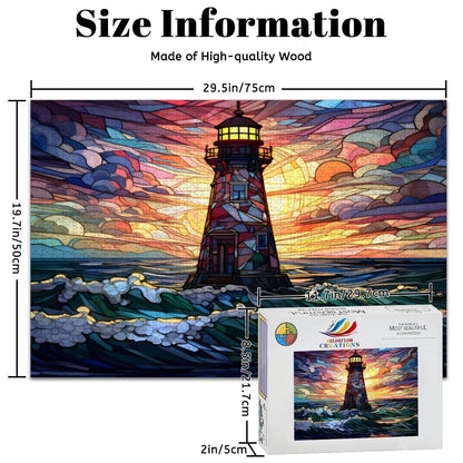 Stained Glass Lighthouse Puzzle: Multicolor Sunset Ocean Art,