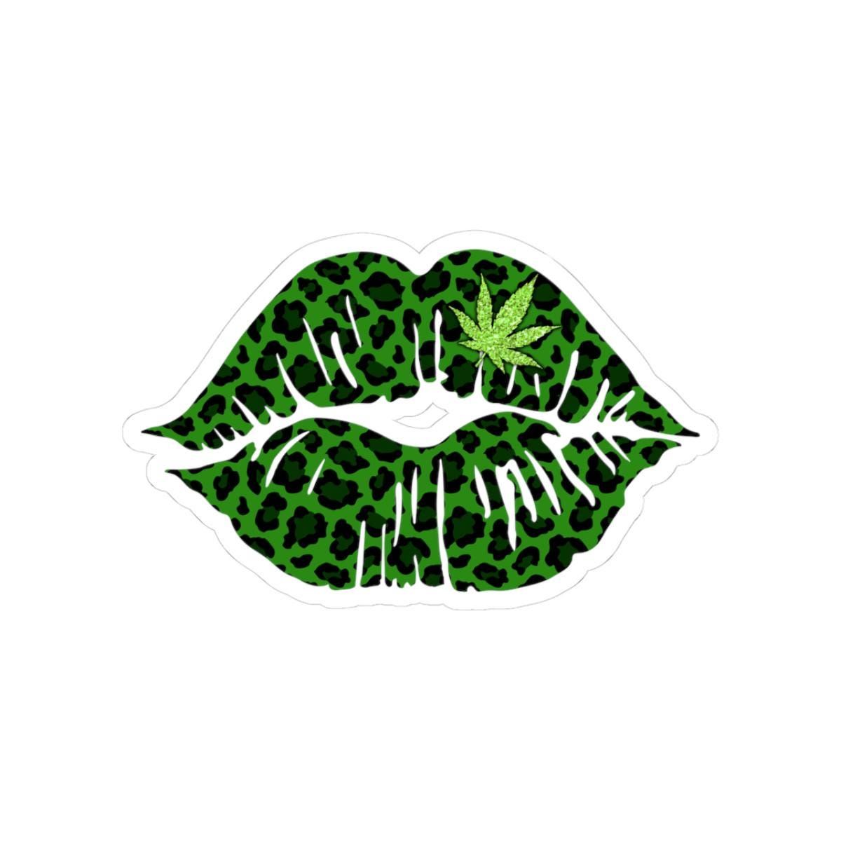 ColorFlow | Leopard Print Green Lips Sticker Waterproof Kiss Cut Cannabis Leaf Vinyl Decal Stoner Girl Weed Glossy Art Laptop Car Decor