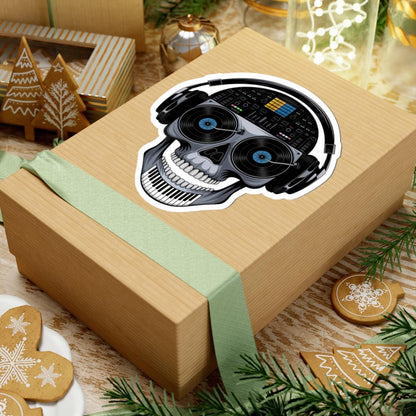 DJ Skull Vinyl Sticker: EDM Mixer, Piano Teeth, Turntable Art