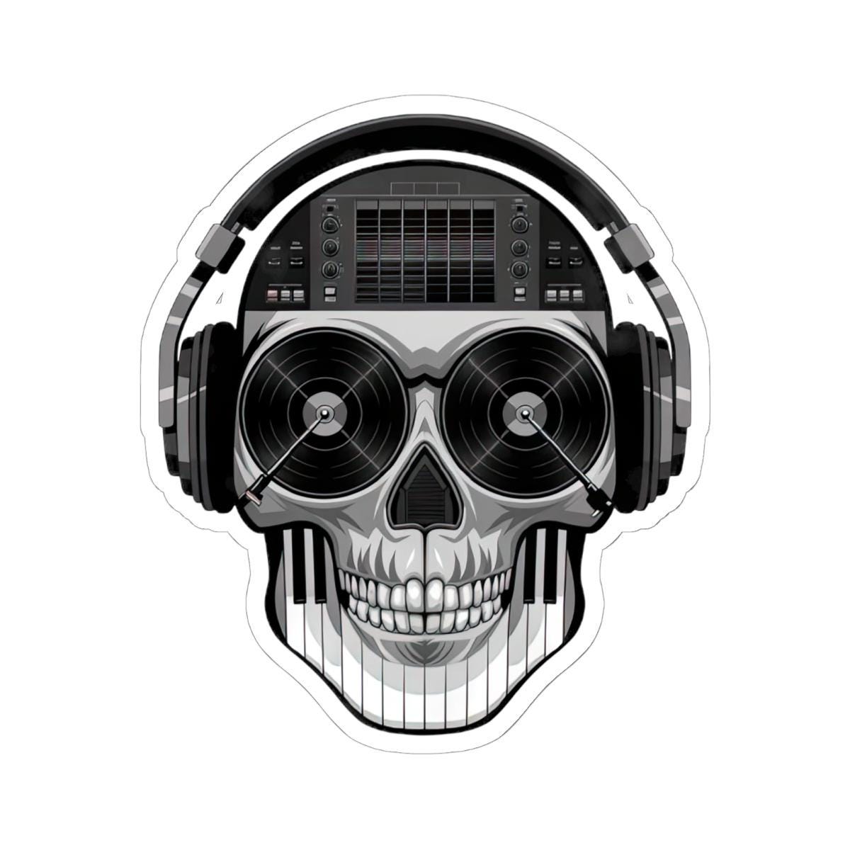 DJ Skull Sticker: Grayscale Vinyl Decal for Music Lovers