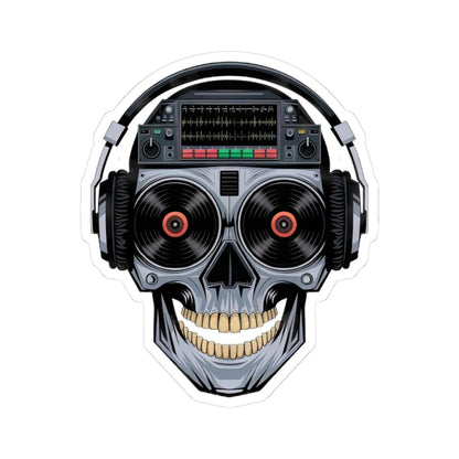 DJ Skull Sticker: Red Vinyl Eyes, Headphones, Mixer - Waterproof EDM Decal