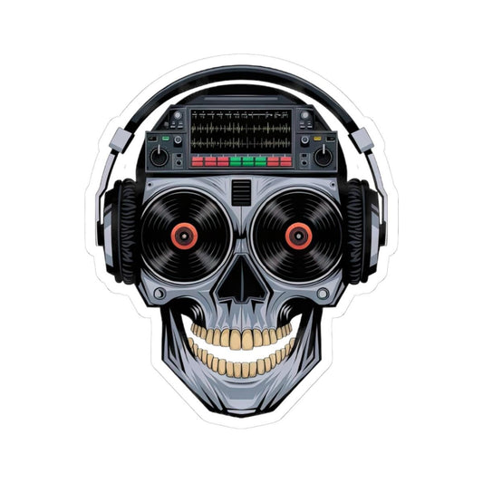 DJ Skull Sticker: Red Vinyl Eyes, Headphones, Mixer - Waterproof EDM Decal