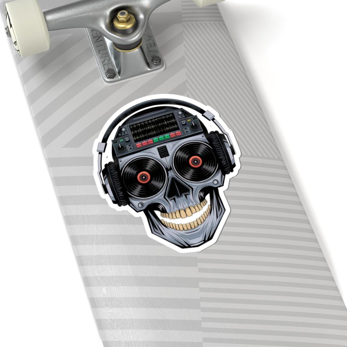 DJ Skull Sticker: Red Vinyl Eyes, Headphones, Mixer - Waterproof EDM Decal