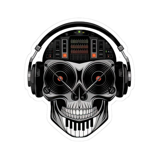 DJ Skull Sticker: Red Vinyl Eyes, Mixer, Piano - EDM Music Decal