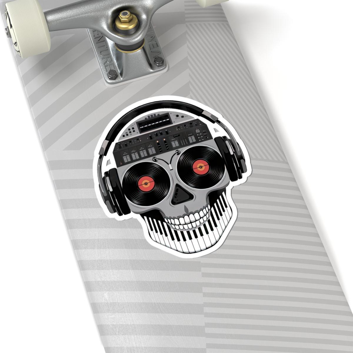 DJ Skull Sticker: Red Vinyl Eyes, Mixer, Headphones - Waterproof EDM Decal