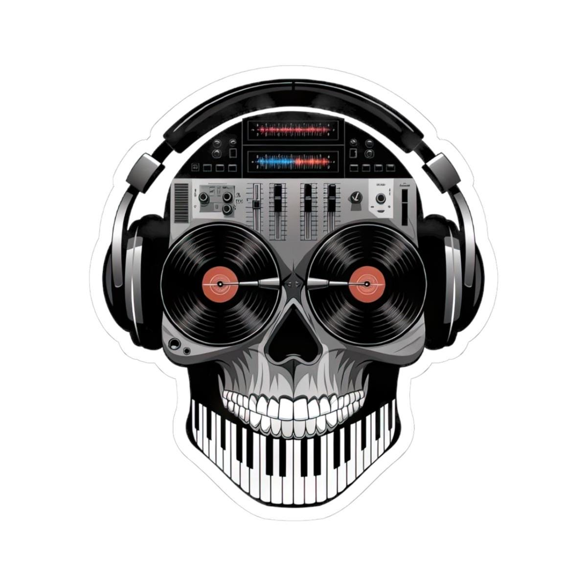 DJ Skull Sticker: Turntable Eyes, Mixer Brain - Waterproof Vinyl Decal