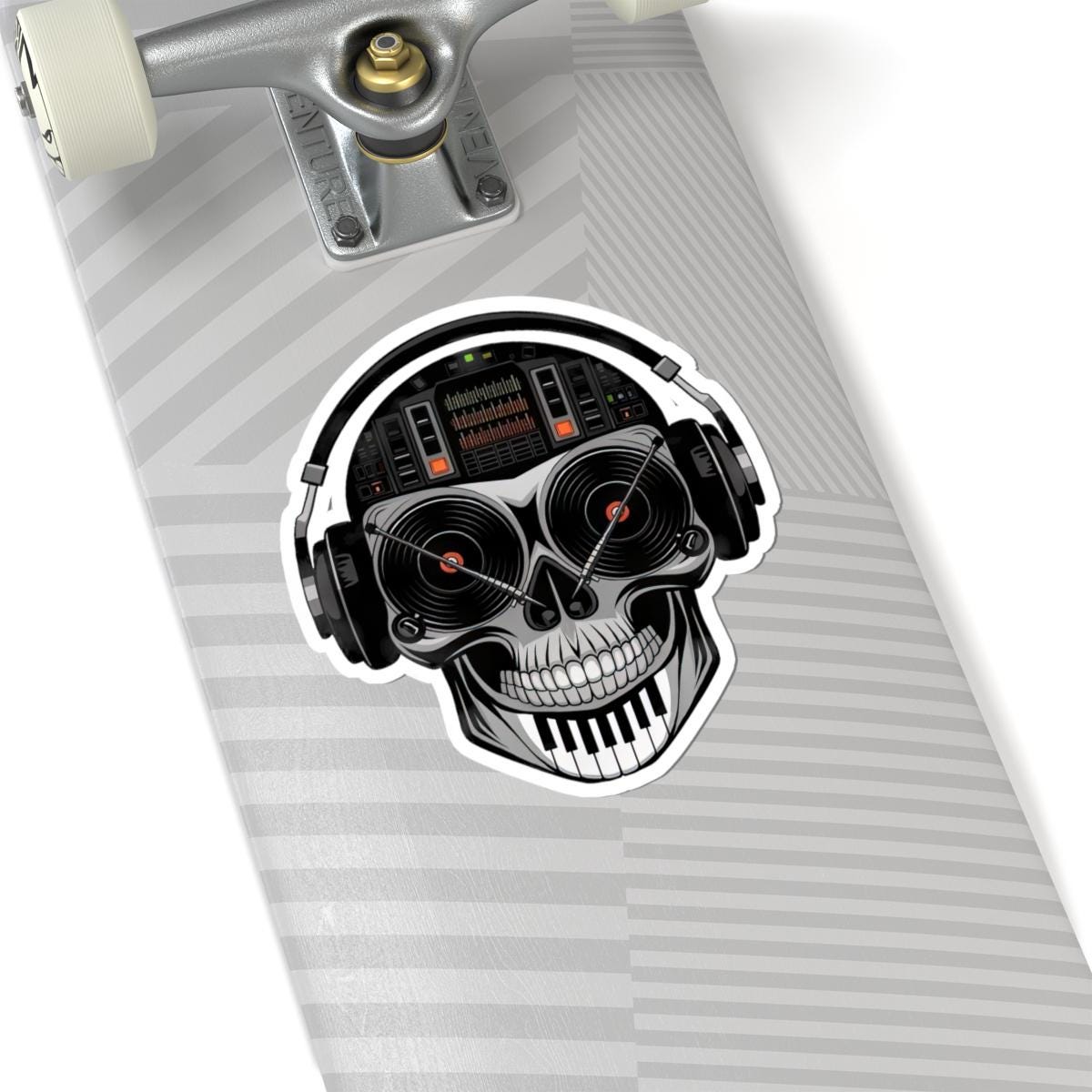 DJ Skull Sticker: Red Vinyl Eyes, Mixer, Piano - EDM Music Decal