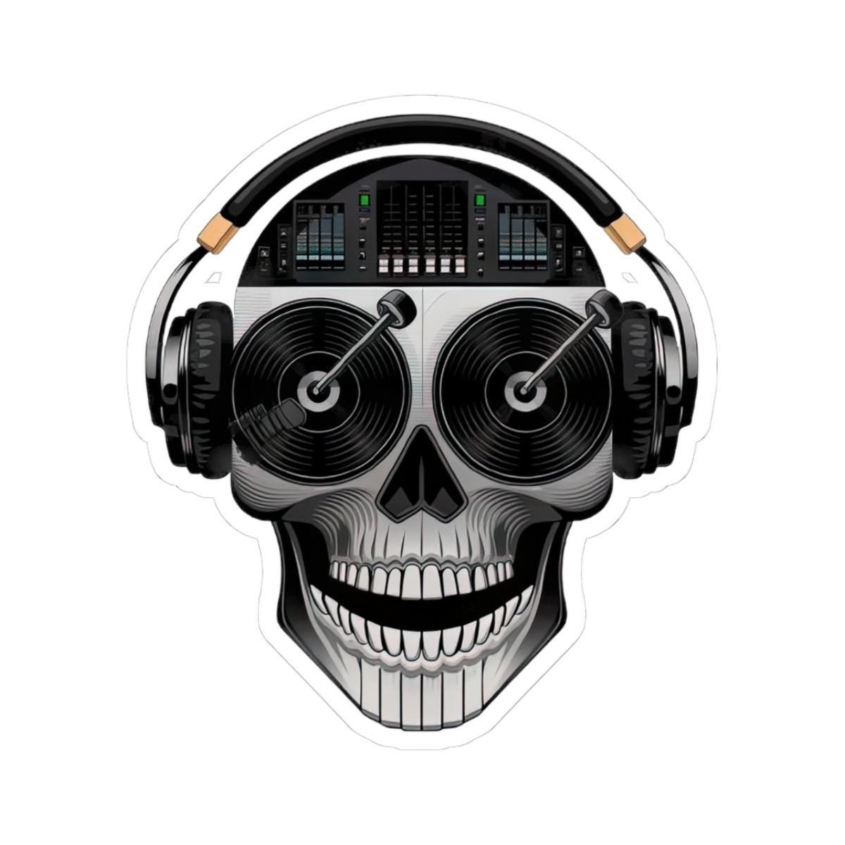 DJ Skull Sticker: Turntable Eyes, Mixer Brain - Waterproof Vinyl Decal