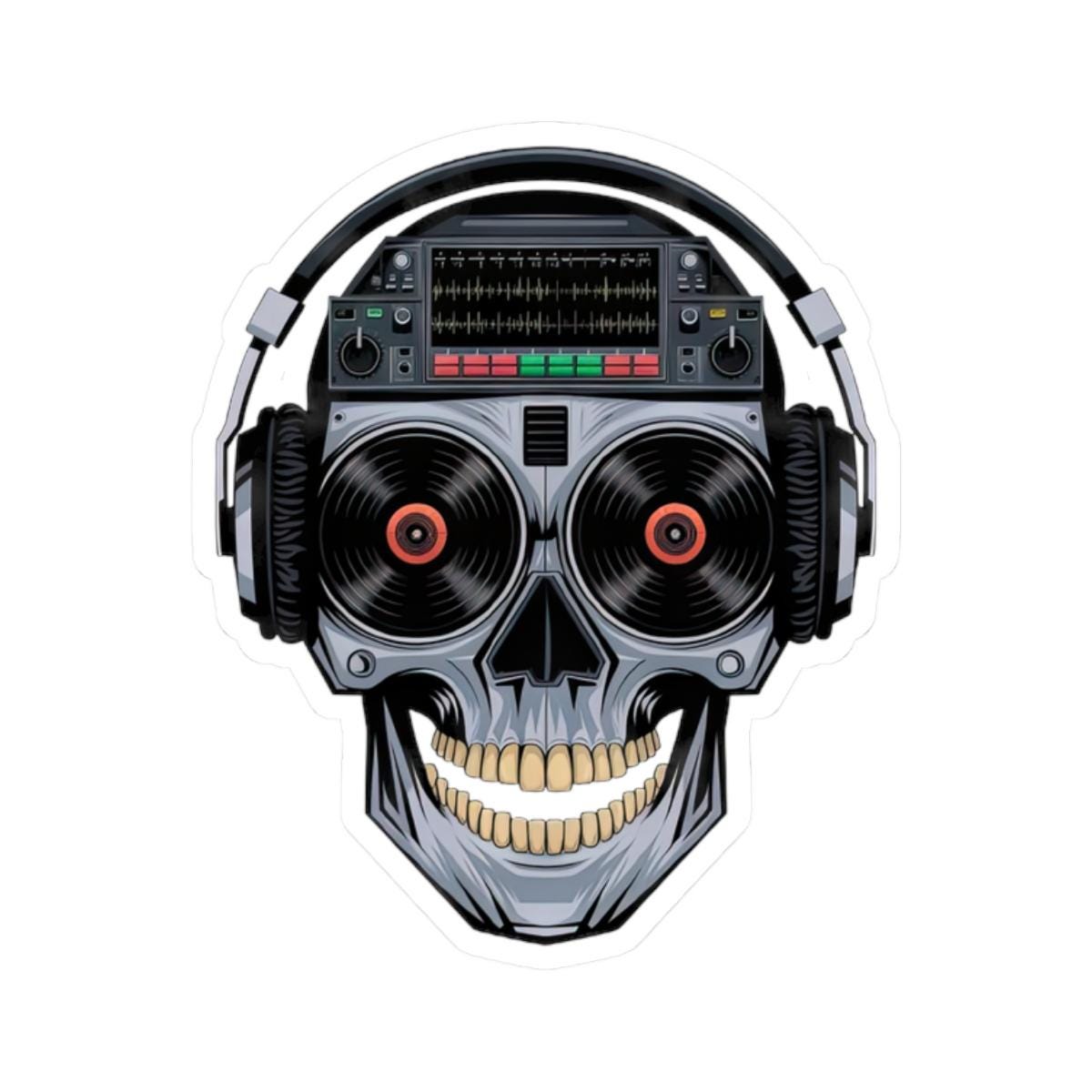 DJ Skull Sticker: Red Vinyl Eyes, Headphones, Mixer - Waterproof EDM Decal