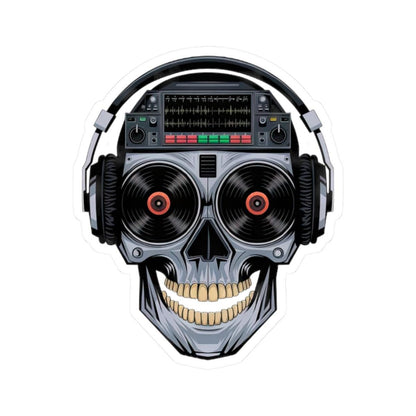 DJ Skull Sticker: Red Vinyl Eyes, Headphones, Mixer - Waterproof EDM Decal