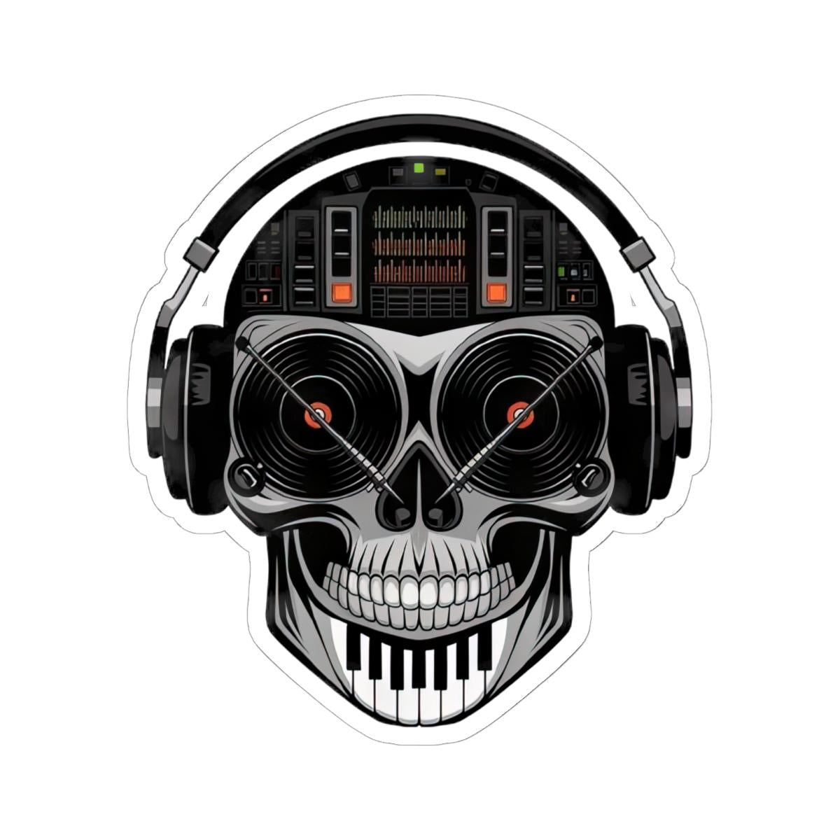 DJ Skull Sticker: Red Vinyl Eyes, Mixer, Piano - EDM Music Decal