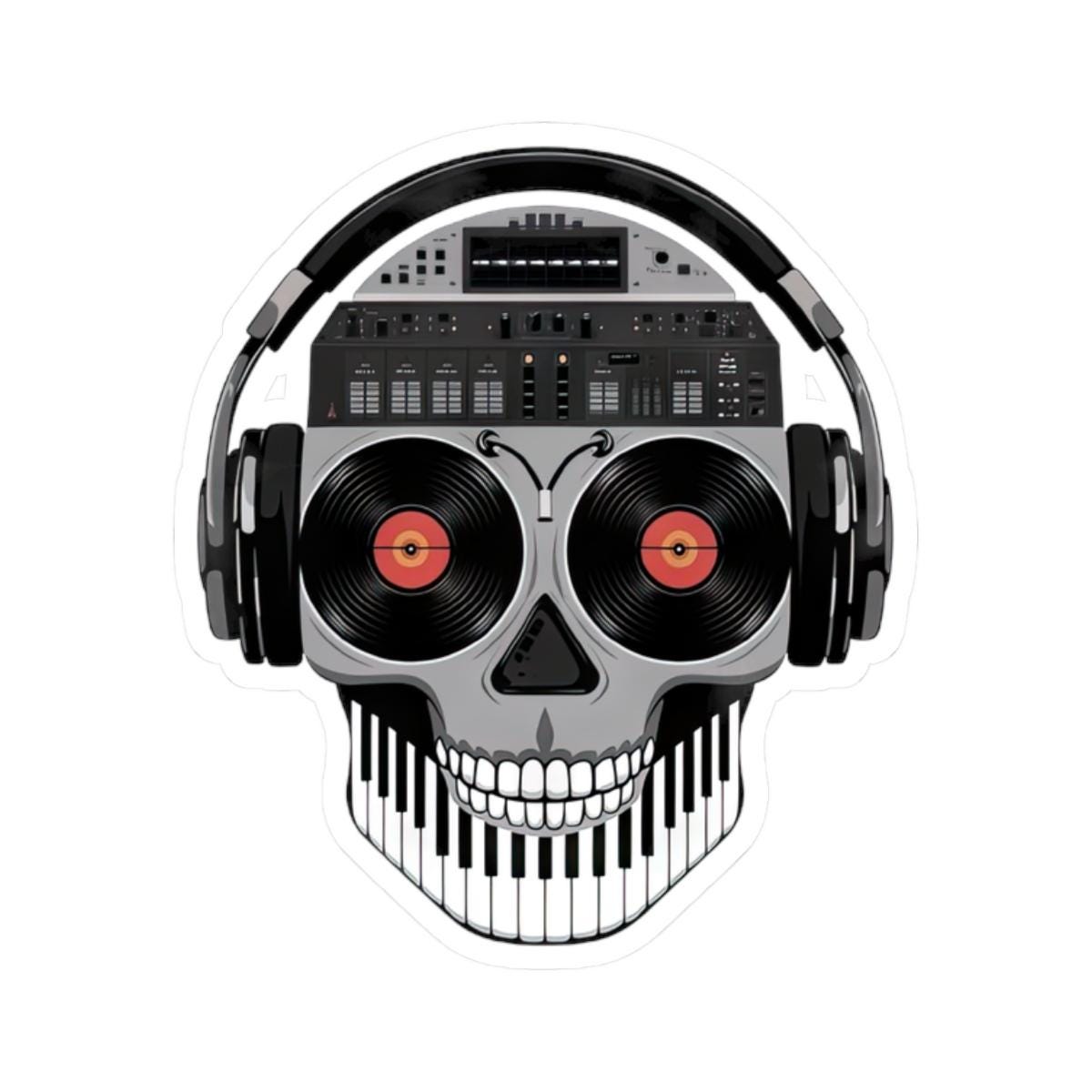 DJ Skull Sticker: Red Vinyl Eyes, Mixer, Headphones - Waterproof EDM Decal
