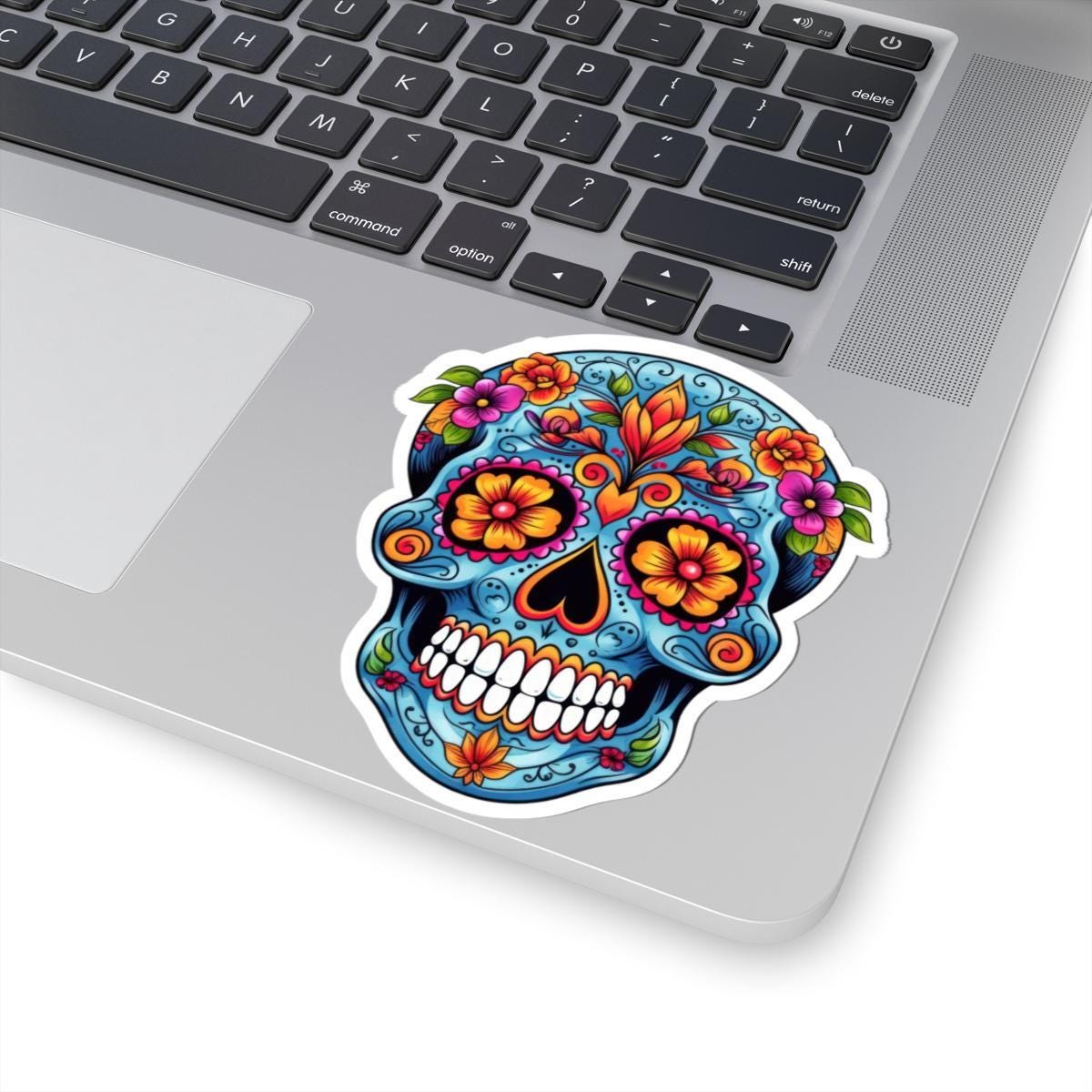 Blue Floral Sugar Skull Sticker: Waterproof Vinyl Decal - Dia de los Muertos Art
