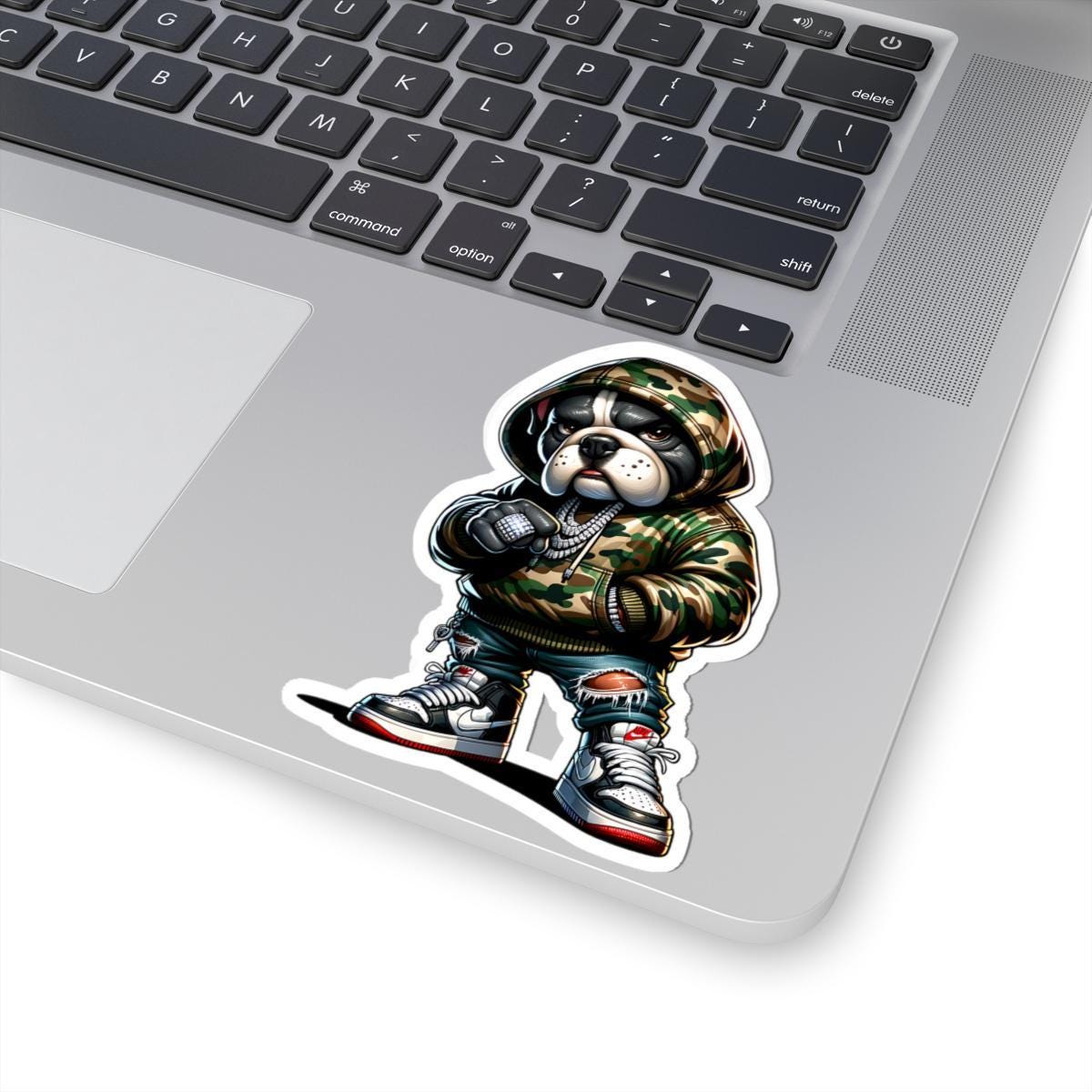 Camo Hoodie Bulldog Sticker: Urban Hip-Hop Dog Art