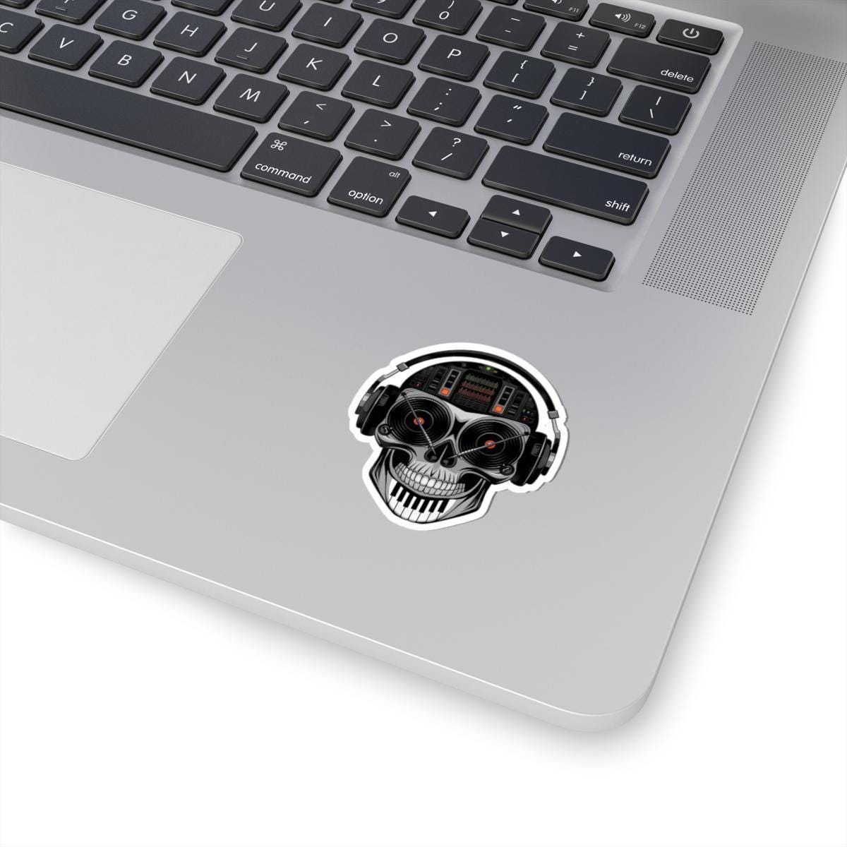 DJ Skull Sticker: Red Vinyl Eyes, Mixer, Piano - EDM Music Decal